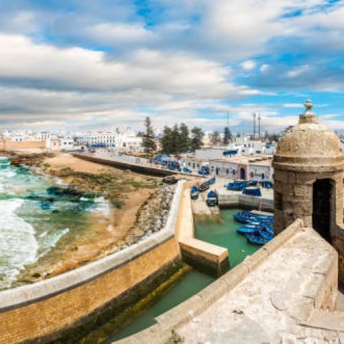 Essaouira, Morocco - April 28, 2019: Landscape with old fortress and fishing port of Essaouira, Morocco