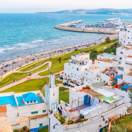 Tangier, Morocco. White Residential buildings on a hill facing the Strait of Gibraltar